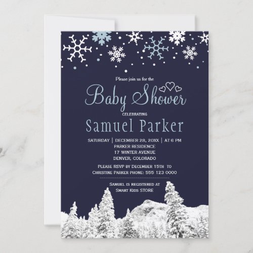 Navy blue white wonderland winter baby shower invitation