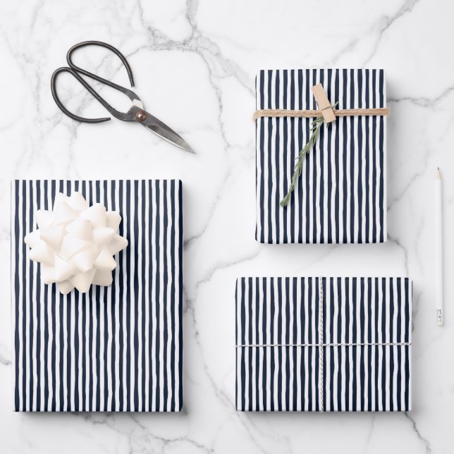 Navy Blue & White Wonky Stripes Wrapping Paper Sheets (Front)