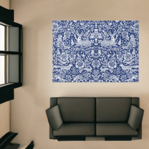 Navy Blue White Woodland Animal Art William Morris Rug