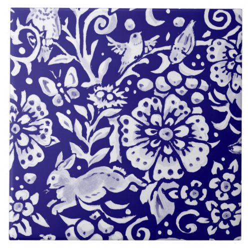  Navy Blue White Woodland MURAL Rabbit Bottom L  Ceramic Tile