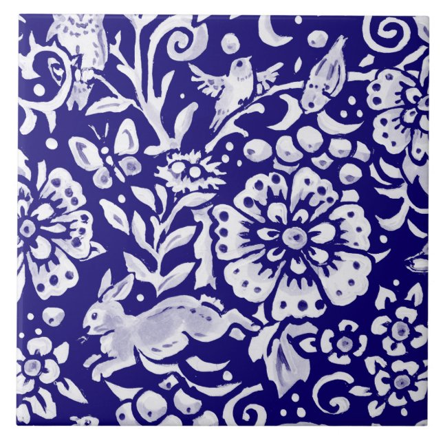  Navy Blue White Woodland MURAL Rabbit Bottom L  Ceramic Tile (Front)