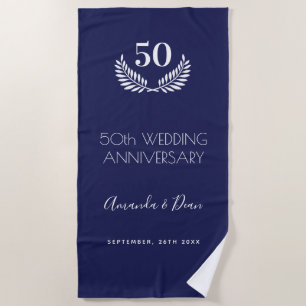 Navy blue white wreath 50th wedding anniversary beach towel