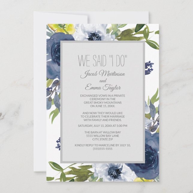 Navy Blue White Yellow Floral Wedding Elopement Invitation (Front)