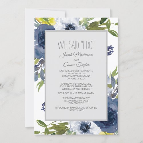 Navy Blue White Yellow Floral Wedding Elopement Invitation