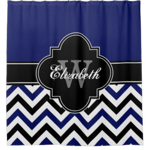 Navy Blue Wht Black LG Chevron 1ICBR Name Monogram Shower Curtain