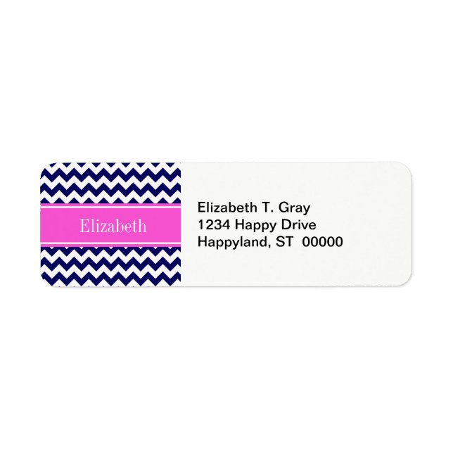 Navy Blue Wht Chevron Hot Pink Name Monogram Label (Front)