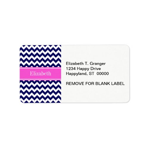 Navy Blue Wht Chevron Hot Pink Name Monogram Label