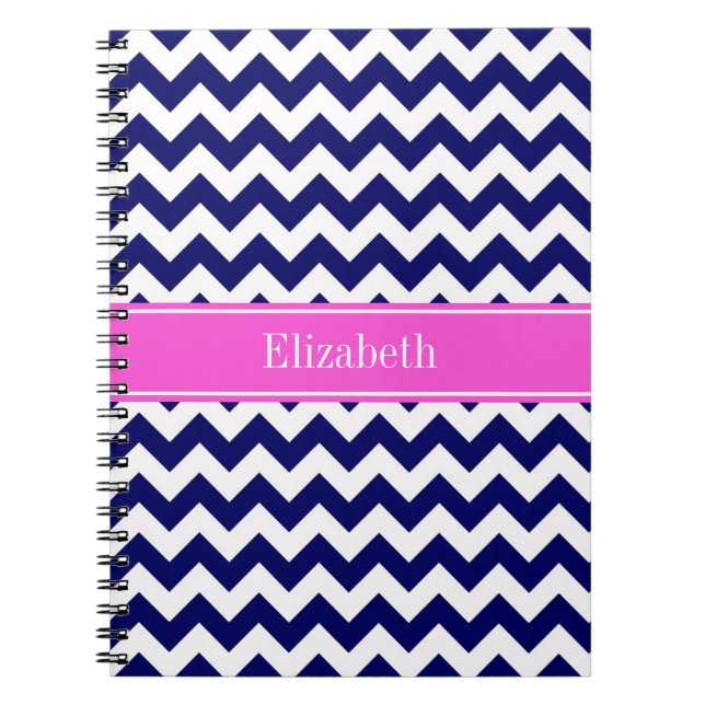 Navy Blue Wht Chevron Hot Pink Name Monogram Notebook (Front)