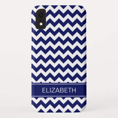 Navy Blue Wht Chevron Zigzag 7P Navy Name Monogram iPhone XR Case