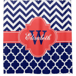 Navy Blue Wht Coral Red Moroccan #5 Chevron 1IQRN Shower Curtain