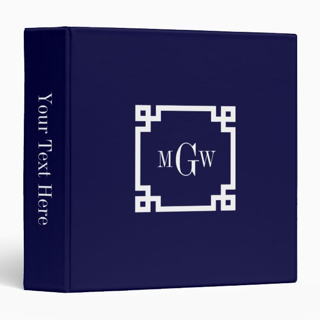 Navy Blue Wht Greek Key #2 Framed 3 Init Monogram Binder (Front/Spine)