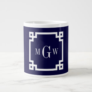 Navy Blue Wht Greek Key #2 Framed 3 Init Monogram Large Coffee Mug