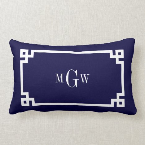 Navy Blue Wht Greek Key #2 Framed 3 Init Monogram Lumbar Pillow