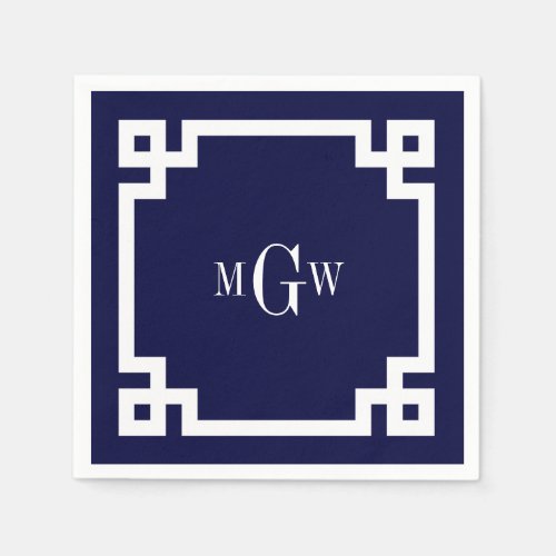 Navy Blue Wht Greek Key 2 Framed 3 Init Monogram Paper Napkins