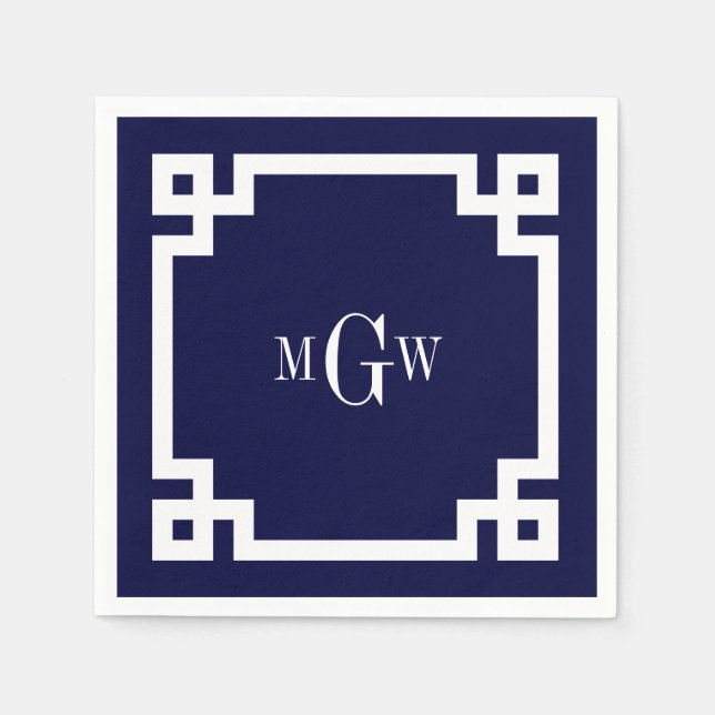 Navy Blue Wht Greek Key #2 Framed 3 Init Monogram Paper Napkins (Front)
