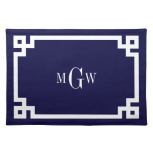 Navy Blue Wht Greek Key #2 Framed 3 Init Monogram Placemat