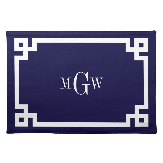 Navy Blue Wht Greek Key #2 Framed 3 Init Monogram Placemat (Front)