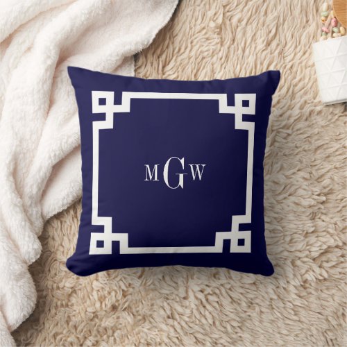 Navy Blue Wht Greek Key 2 Framed 3 Init Monogram Throw Pillow