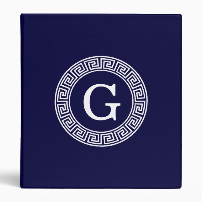 Navy Blue Wht Greek Key Rnd Frame Initial Monogram 3 Ring Binder (Front)