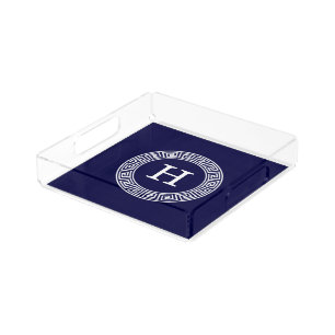 Navy Blue Wht Greek Key Rnd Frame Initial Monogram Acrylic Tray