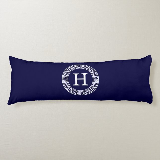 Navy Blue Wht Greek Key Rnd Frame Initial Monogram Body Pillow (Front)