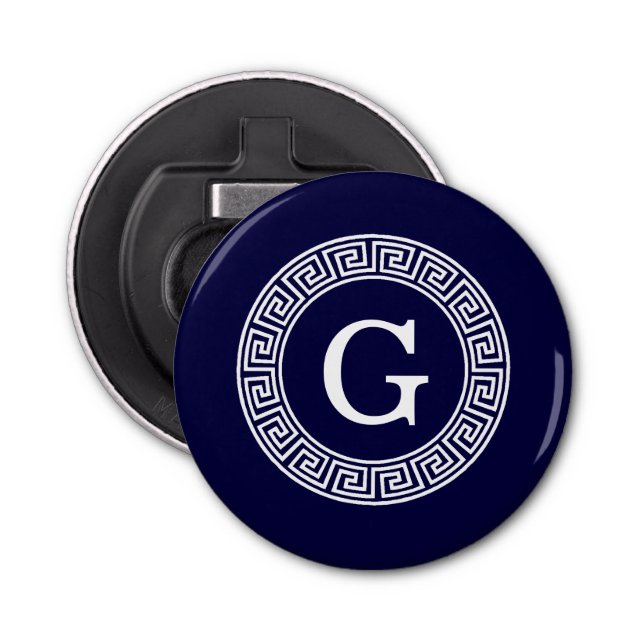 Navy Blue Wht Greek Key Rnd Frame Initial Monogram Bottle Opener (Front)