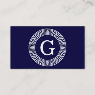Navy Blue Wht Greek Key Rnd Frame Initial Monogram Business Card