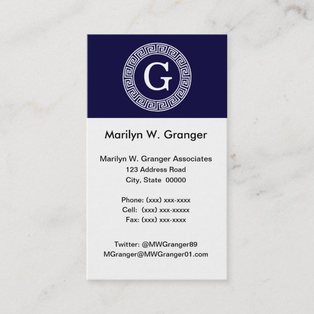 Navy Blue Wht Greek Key Rnd Frame Initial Monogram Business Card (Front)