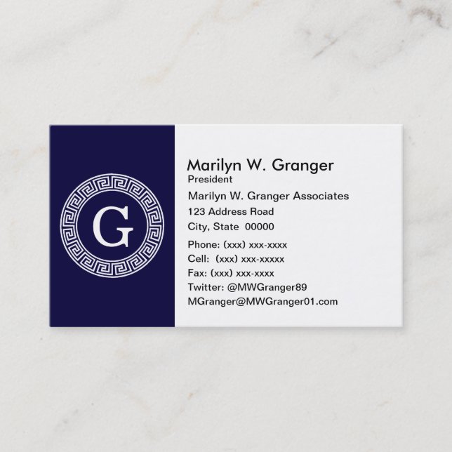 Navy Blue Wht Greek Key Rnd Frame Initial Monogram Business Card (Front)