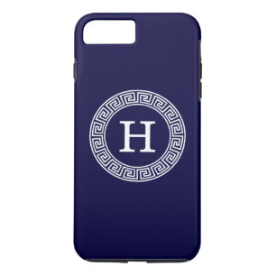 Navy Blue Wht Greek Key Rnd Frame Initial Monogram iPhone 8 Plus/7 Plus Case