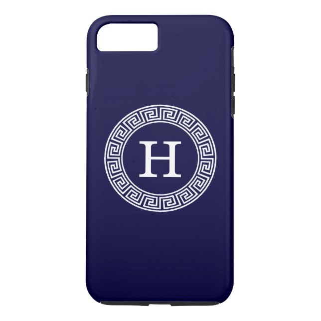 Navy Blue Wht Greek Key Rnd Frame Initial Monogram Case-Mate iPhone Case (Back)