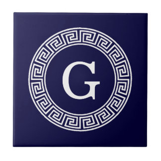 Navy Blue Wht Greek Key Rnd Frame Initial Monogram Ceramic Tile