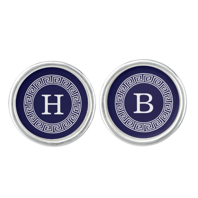 Navy Blue Wht Greek Key Rnd Frame Initial Monogram Cufflinks (Front)