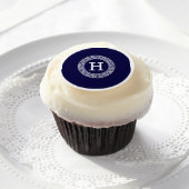 Navy Blue Wht Greek Key Rnd Frame Initial Monogram Edible Frosting Rounds (Cupcake)