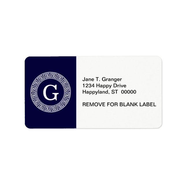 Navy Blue Wht Greek Key Rnd Frame Initial Monogram Label (Front)