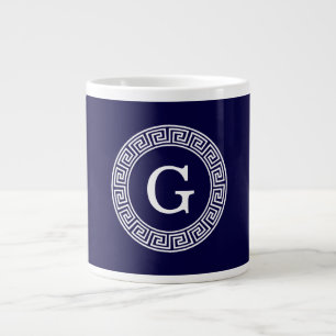 Navy Blue Wht Greek Key Rnd Frame Initial Monogram Large Coffee Mug