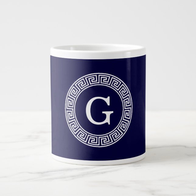 Navy Blue Wht Greek Key Rnd Frame Initial Monogram Large Coffee Mug (Front)