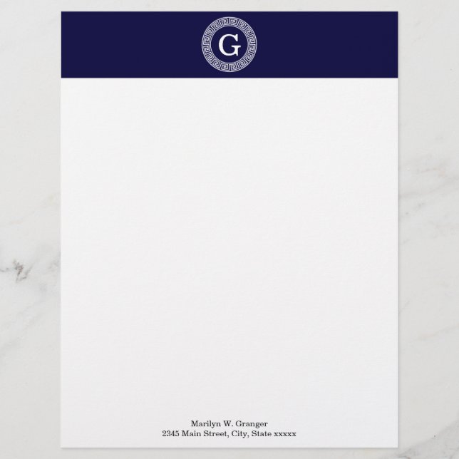 Navy Blue Wht Greek Key Rnd Frame Initial Monogram Letterhead (Front)