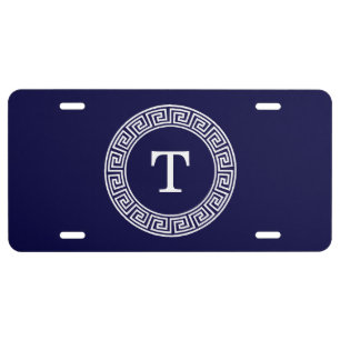 Navy Blue Wht Greek Key Rnd Frame Initial Monogram License Plate