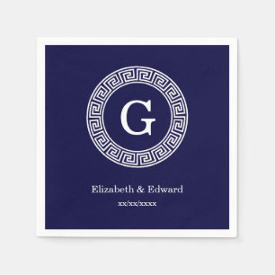 Navy Blue Wht Greek Key Rnd Frame Initial Monogram Napkins