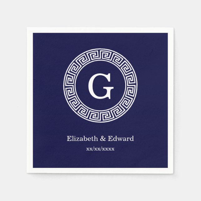 Navy Blue Wht Greek Key Rnd Frame Initial Monogram Napkins (Front)