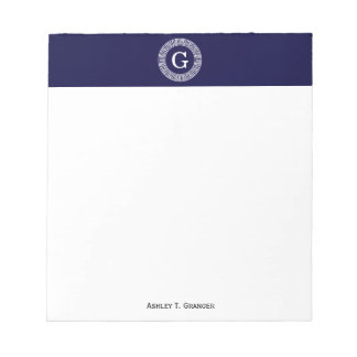 Navy Blue Wht Greek Key Rnd Frame Initial Monogram Notepad