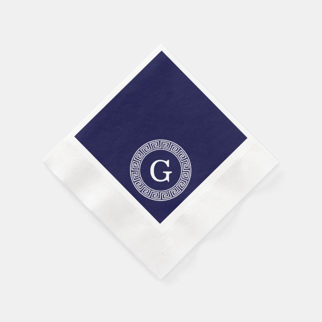 Navy Blue Wht Greek Key Rnd Frame Initial Monogram Paper Napkins (Corner)