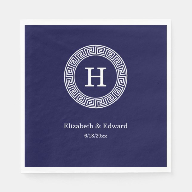 Navy Blue Wht Greek Key Rnd Frame Initial Monogram Paper Napkins (Front)