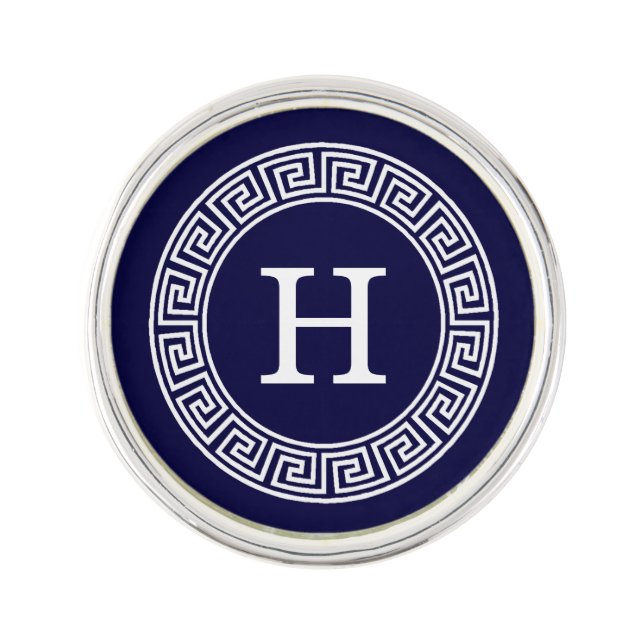 Navy Blue Wht Greek Key Rnd Frame Initial Monogram Pin (Front)
