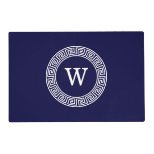 Navy Blue Wht Greek Key Rnd Frame Initial Monogram Placemat