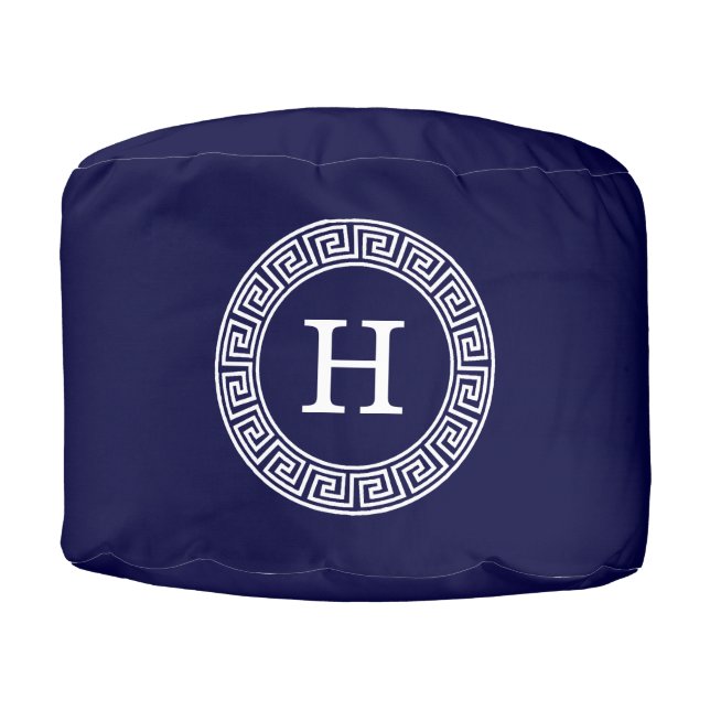 Navy Blue Wht Greek Key Rnd Frame Initial Monogram Pouf (Front)