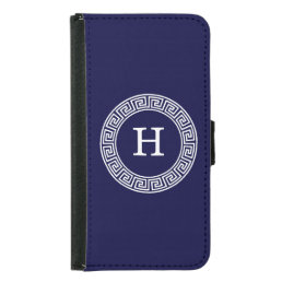 Navy Blue Wht Greek Key Rnd Frame Initial Monogram Samsung Galaxy S5 Wallet Case