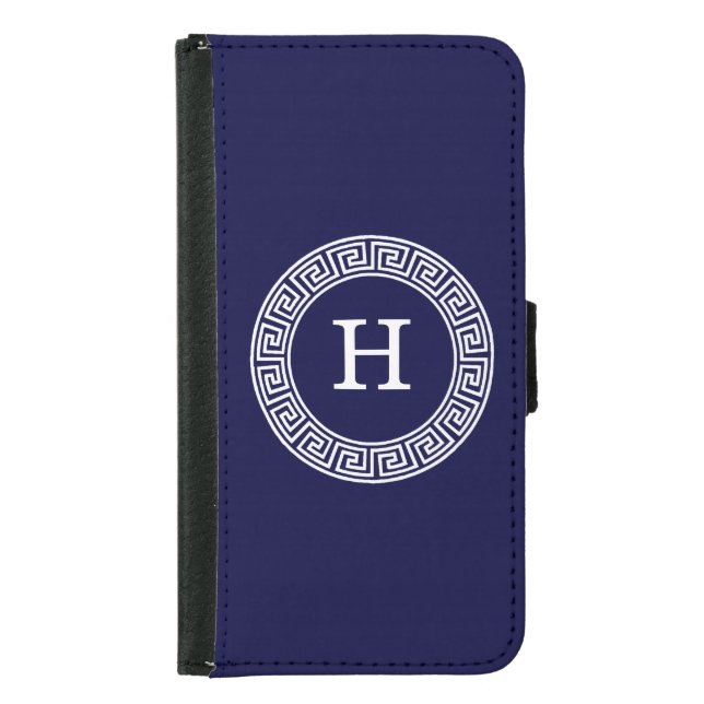 Navy Blue Wht Greek Key Rnd Frame Initial Monogram Samsung Galaxy Wallet Case (Front)
