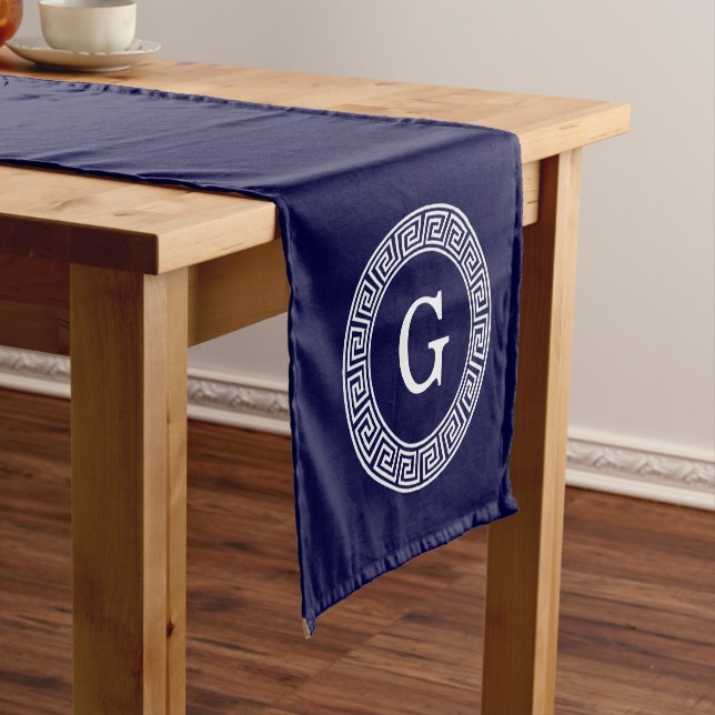 Navy Blue Wht Greek Key Rnd Frame Initial Monogram Short Table Runner (In Situ)